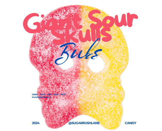 Close-up of two-tone pink and orange sour peach skull foam candy by Bubs