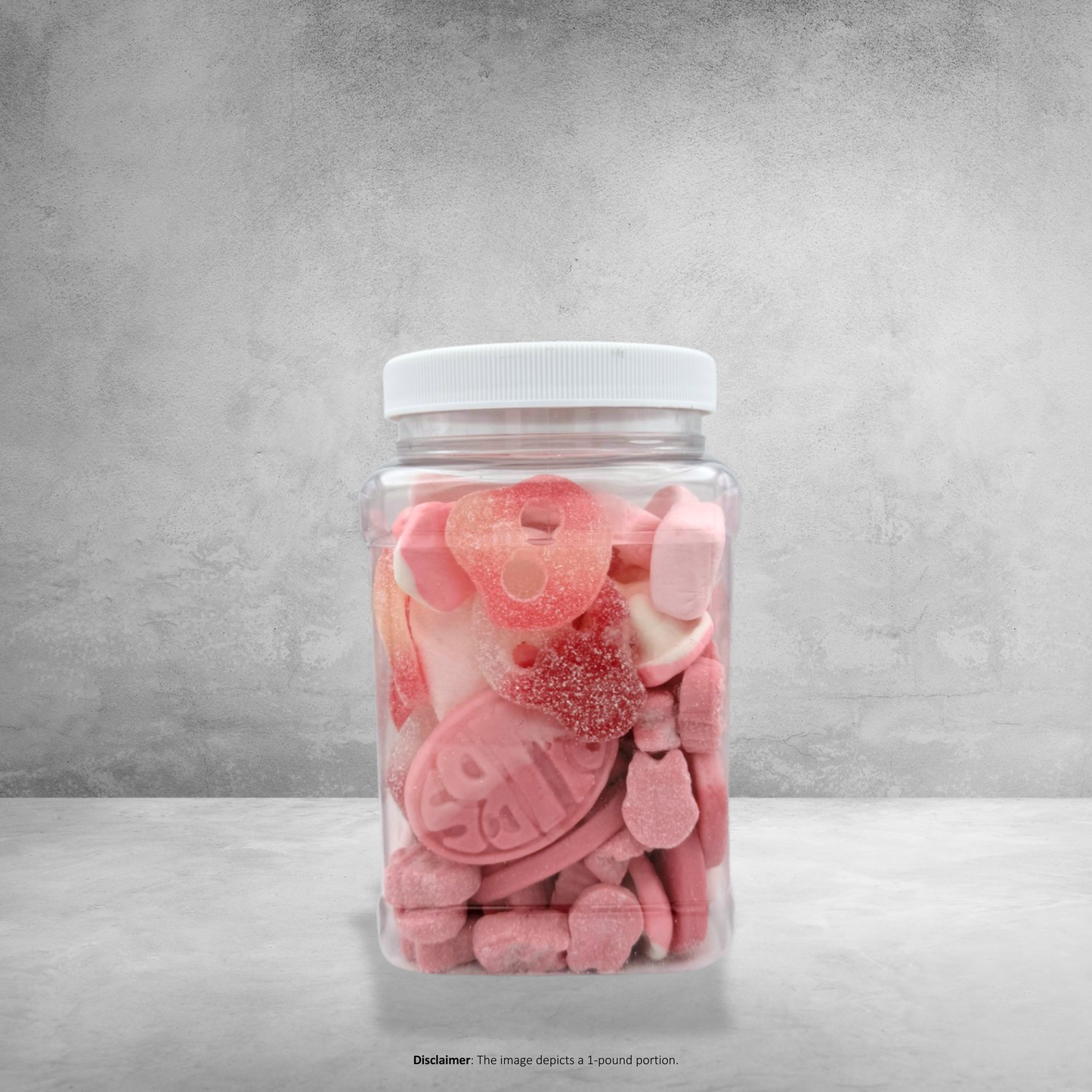 A clear jar filled with assorted pink Swedish candies, including gummy and foam confections.