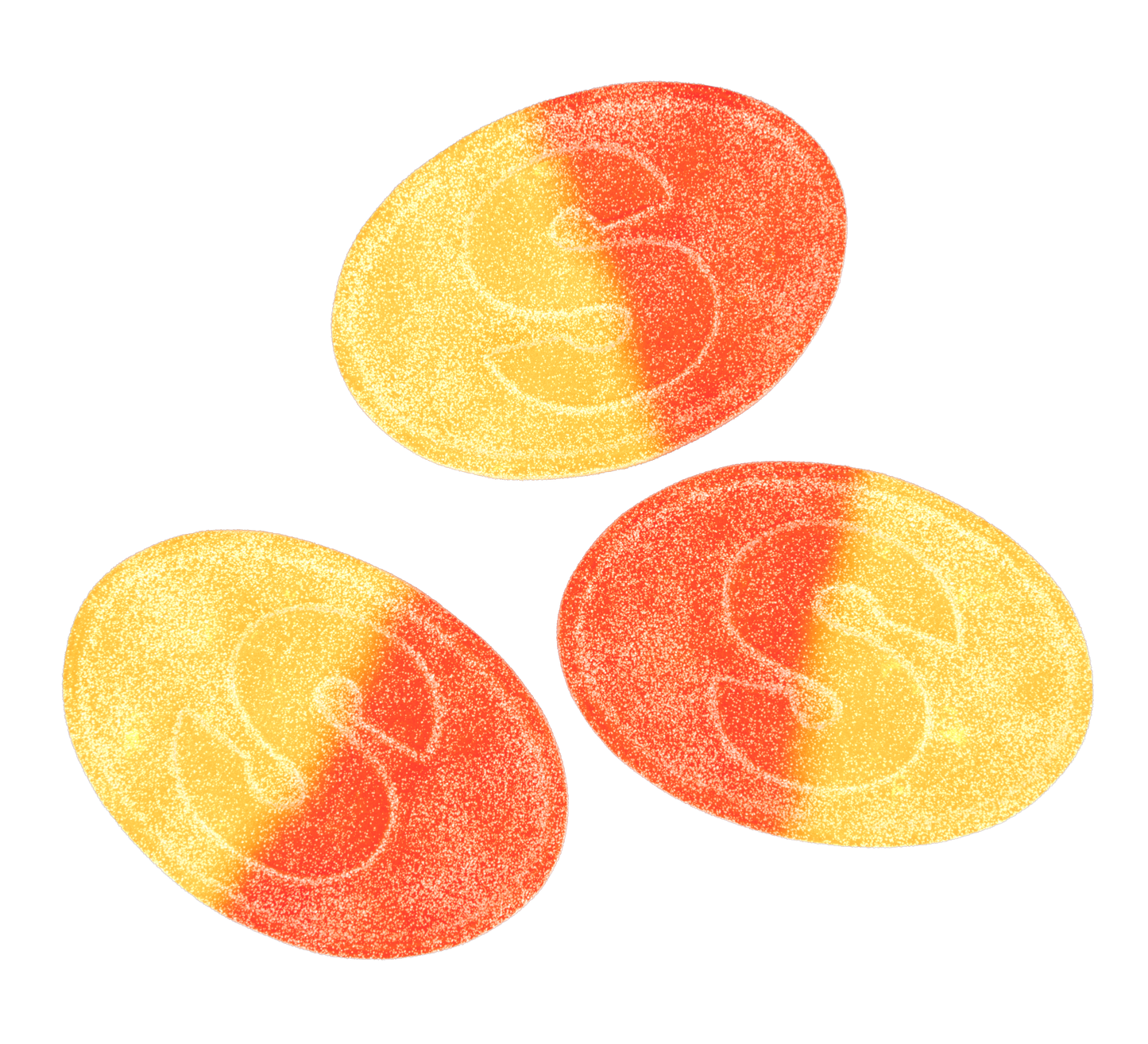 Three round, orange and yellow gummy candies with a white background
