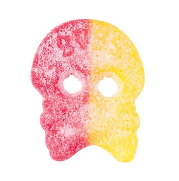 Close-up of two-tone pink and orange sour peach skull foam candy by Bubs