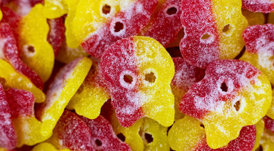 Bubs Sour Peach Skulls — pink and orange Swedish foam candy skulls from Sugar Rush Lane