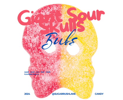 Close-up of two-tone pink and orange sour peach skull foam candy by Bubs