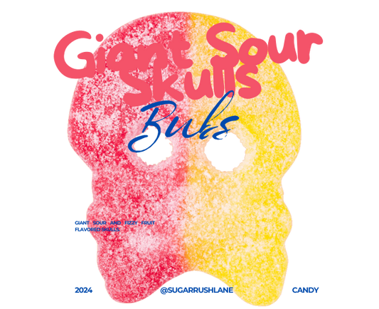 Close-up of two-tone pink and orange sour peach skull foam candy by Bubs