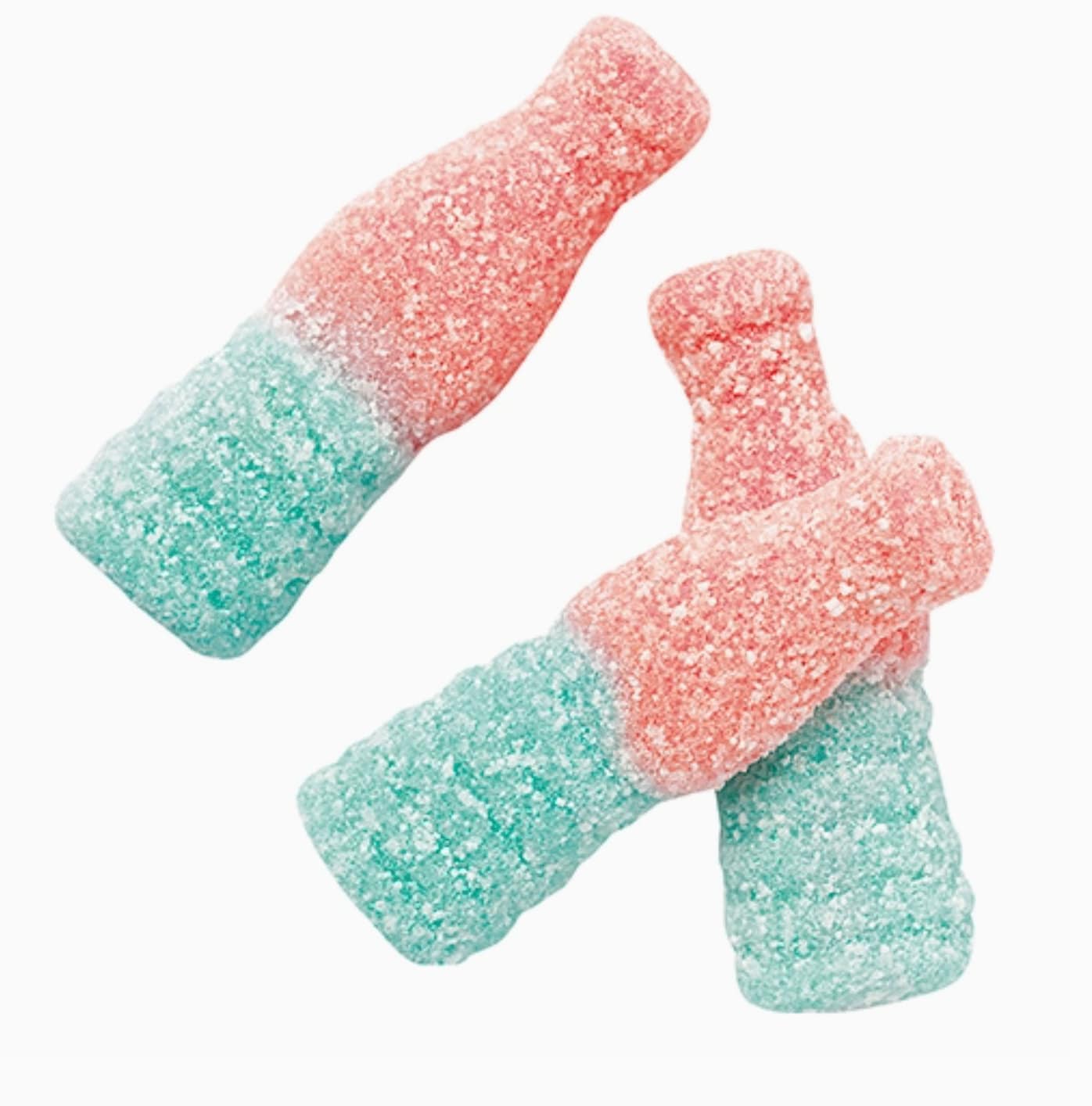 Fizzypop Bubblegum Bottles – pink and blue Swedish gummies coated in sugar, with fizzy sweet bubblegum flavor.