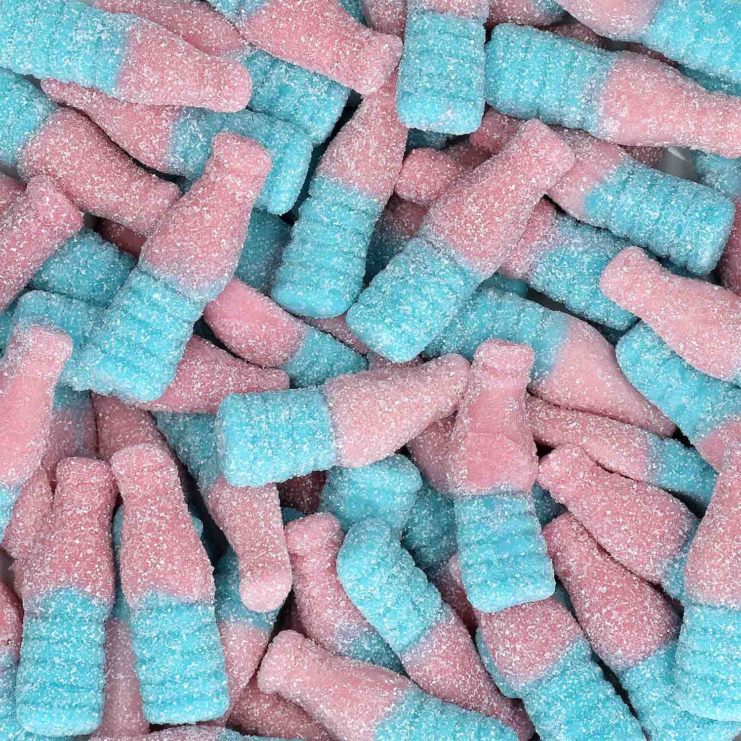 Fizzypop Bubblegum Bottles – pink and blue Swedish gummies coated in sugar, with fizzy sweet bubblegum flavor.
