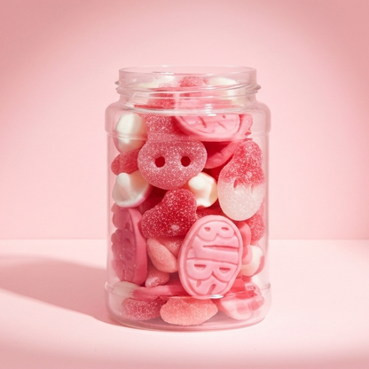 Jar of pink gummy candies with a smiley face design on a pink background
