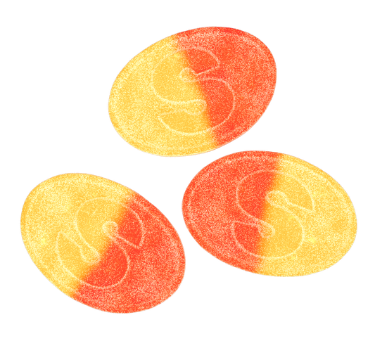 Three round, orange and yellow gummy candies with a white background