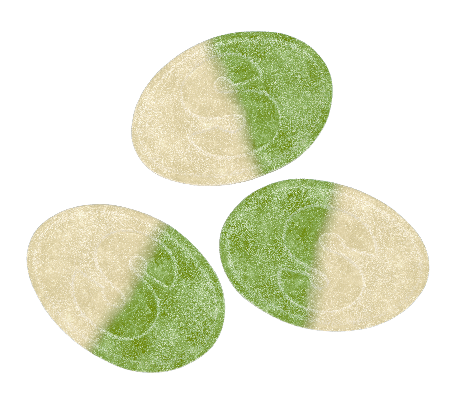 Three green and beige gummies on a white background